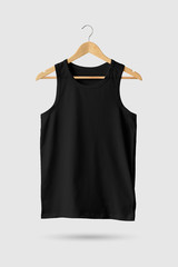 Wall Mural - Black Tank Top Shirt Mock-up on wooden hanger, front side view. 3D Rendering.