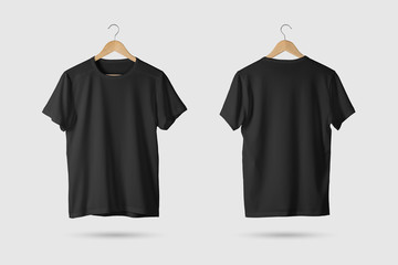 black t-shirt mock-up on wooden hanger, front and rear side view. 3d rendering.