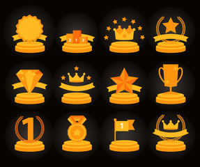 Wall Mural - medal and winner icon set, blank label of first place, flag, star of flat design style, vector illus