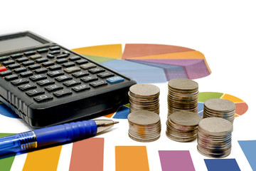 Stack of money coin with calculator and pen on data chart and white background