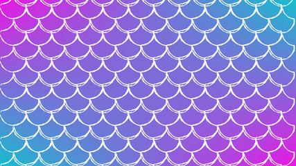 Squama on trendy gradient background. Horizontal backdrop with squama ornament. Bright color transitions. Mermaid tail banner and invitation. Underwater sea pattern. Blue, purple, pink colors.