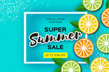 Fototapeta Łazienka - Lemon, lime, orange. Citrus Super Summer Sale Banner in paper cut style. Origami juicy ripe slices. Healthy food on blue. Square frame for text. Summertime