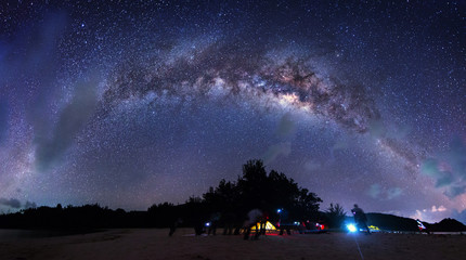 Stitched Panorama of Bright milky way during clear night sky for background. image contain soft focus, blur and noise due to long expose and high iso.