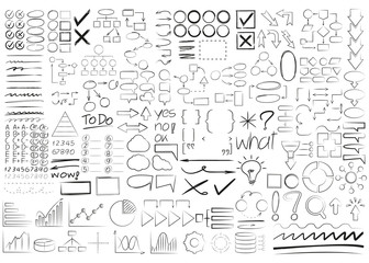 big collection of hand draw marker elements, check marks, arrows, highlighter, diagram, underlines, 
