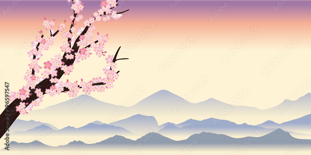 Contour Cut Stickers 桜の木の背景 春のイメージの背景 夕方 飾り枠 サクラと風景イラスト 背景 Nikkel Art