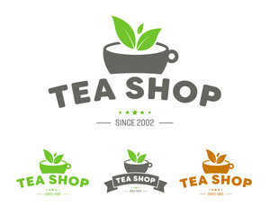Poster - Logo for a tea shop or brand with a cup, ribbon and leaflets