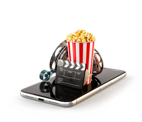 Wall Mural - Smartphone application for online buying and booking cinema tickets. Live watching movies and video. Unusual 3D illustration of popcorn, cinema reel, disposable cup, clapper and tickets on smarthone