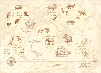 vintage world map with wild animals and mountains. sea creatures in the ocean. old retro parchment. 