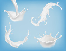 Vector Set Of Realistic Milk Or Yogurt Splashes, Flowing Cream, Abstract White Blots, Milky Swirls Isolated On Blue Background. Clipart For Package Design Of Natural, Organic Dairy Products