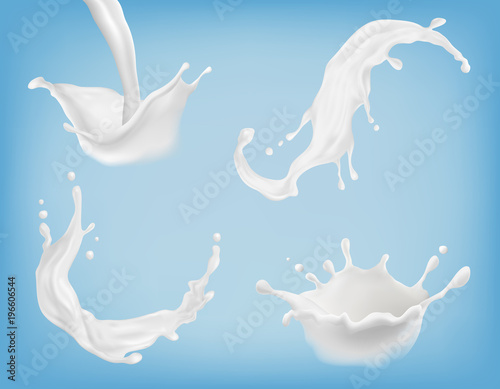 Cuadros en Lienzo Vector set of realistic milk or yogurt splashes, flowing cream, abstract white blots, milky swirls isolated on blue background