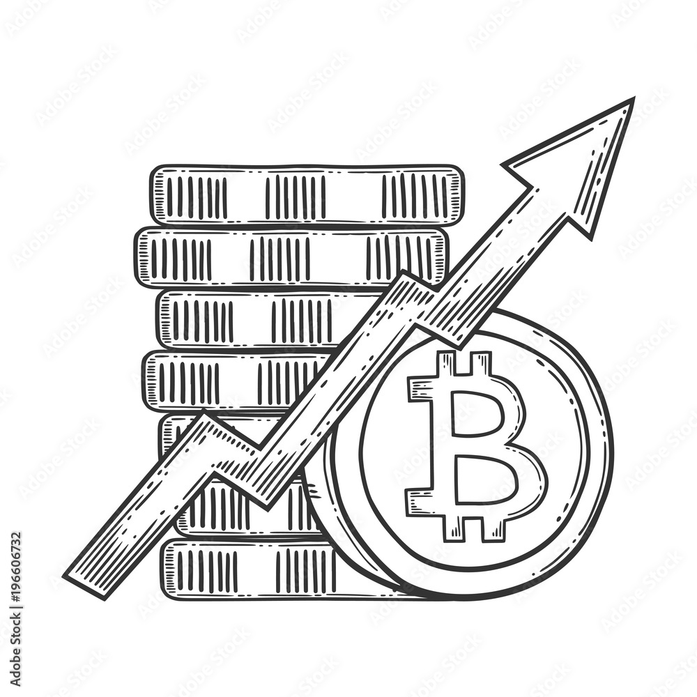 Bitcoin growth and increase stock vector image, digital currency,  cryptocurrency money, bitcoin symbol. Doodle and engraved style  illustration, hand drawn. Isolated on white background 스톡 벡터 | Adobe Stock