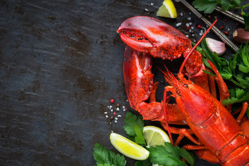 Whole red lobster with fresh parsley, slices of lemon, garlic, salt and pepper beans. Overhead view with plenty of copy space for your text