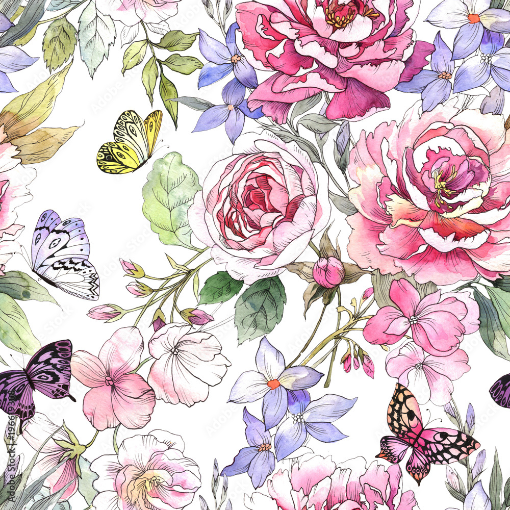 Watercolor floral pattern. Seamless pattern with purple and pink ...