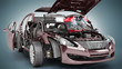 Modern concept of auto repair work Details of the red car on a grey background 3D render