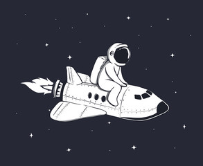 Wall Mural - cute astronaut flies on space shuttle in outer space.childish vector illustration.prints design