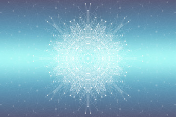 Poster - Geometric abstract with connected line and dots, radial graphics. Minimalism chaotic background visualization. Linear sign, symbol. Big data illustration.