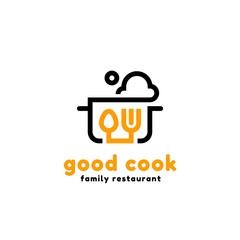 Vector line logotype of pan with steam, spoon and fork. Logo concept for kitchen and restaurants