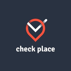 Leinwandbilder - Vector line logo of navigation pin with check symbol. Check place logotype concept