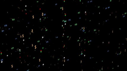 Poster - the movement of economic particles. bitcoin and dollar icons. the indicators move to all axes. Growth and fall indicators are moving. three-letter company names on stock exchanges. Black background