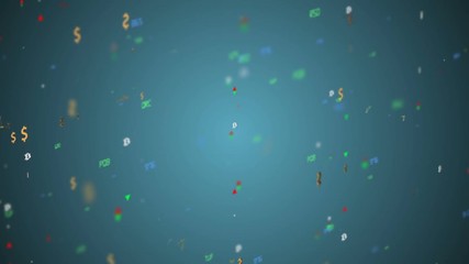 Poster - the movement of economic particles. depth of field . bitcoin and dollar icons. the indicators move to all axes. Growth and fall indicators are moving. three-letter company names on stock exchanges