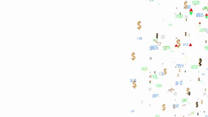 Poster - concentration of economic activity on the right side of the screen. the movement of economic particles. bitcoin and dollar icons. the indicators move to all axes. Growth and fall indicators are moving