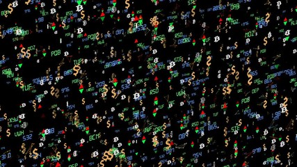 Poster - a broker's board. a collision in the stock market. the movement of economic particles. bitcoin and dollar icons. the indicators move to all axes. Growth and fall indicators are moving. three-letter