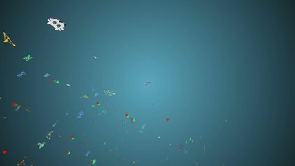 Poster - Activity at the bottom left of the screen. the movement of economic particles. bitcoin and dollar icons. indicators move across all axes. Growth and fall indicators are moving. three-letter company