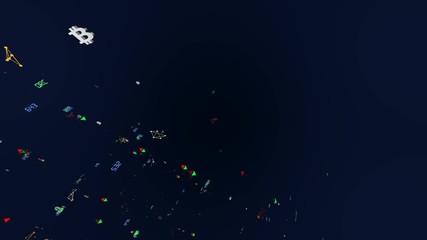 Poster - Activity at the bottom left of the screen. the movement of economic particles. bitcoin and dollar icons. indicators move across all axes. Growth and fall indicators are moving. three-letter company