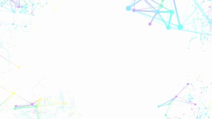 Poster - processes of system transformation. molecular structures of different colors are transformed at the corners of the screen. White background. place for text. cinematic business science fairytale