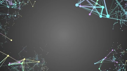 Poster - processes of system transformation. molecular structures of different colors are transformed at the corners of the screen. Gray background. place for text. cinematic business science fairytale festive