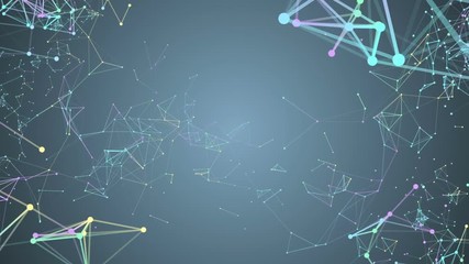 Poster - constellation of particles. processes of system transformation. molecular structures of different colors are transformed at the corners of the screen. blue background. place for text. cinematic