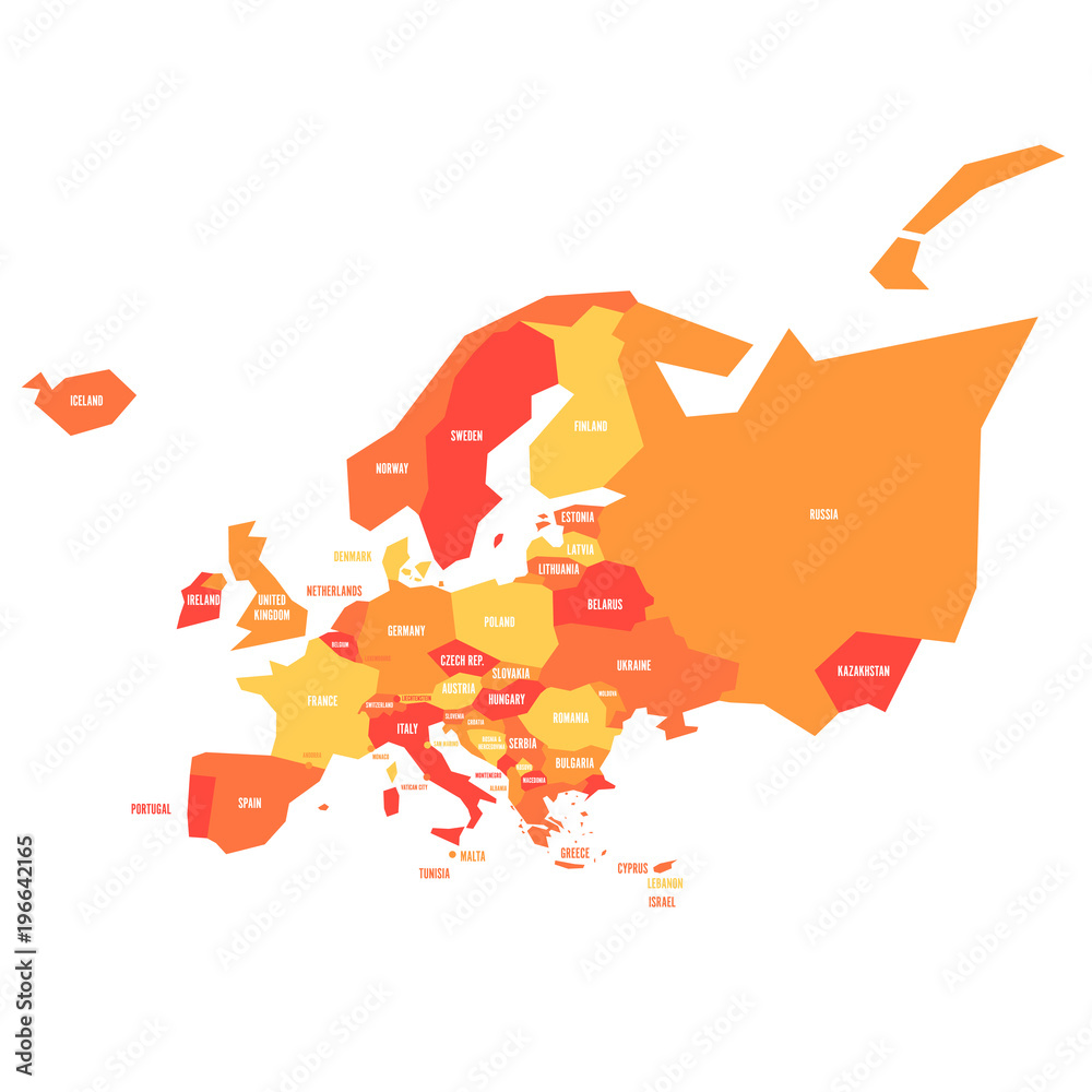 Very simplified infographical political map of Europe in oange color ...