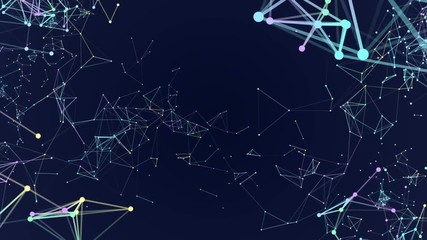 Poster - constellation of particles. processes of system transformation. molecular structures of different colors are transformed in the corners of the screen. dark blue background. place for text. cinematic
