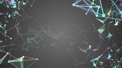 Poster - triangles, lines and points. constellation of particles. processes of system transformation. molecular structures of different colors are transformed at the corners of the screen. Gray background