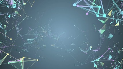 Poster - triangles, lines and points. constellation of particles. processes of system transformation. molecular structures of different colors are transformed at the corners of the screen. blue background