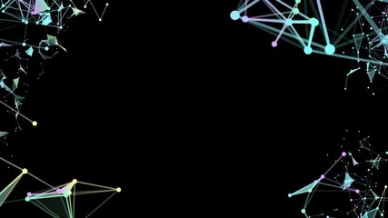 Poster - Empty space in the center of the screen. triangles, lines and points. constellation of particles. processes of system transformation. molecular structures of different colors are transformed at the