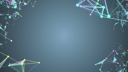 Poster - Empty space in the center of the screen. triangles, lines and points. constellation of particles. processes of system transformation. molecular structures of different colors are transformed at the