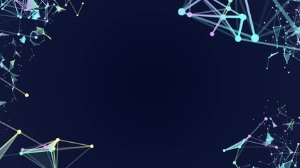 Poster - Empty space in the center of the screen. triangles, lines and points. constellation of particles. processes of system transformation. molecular structures of different colors are transformed in the