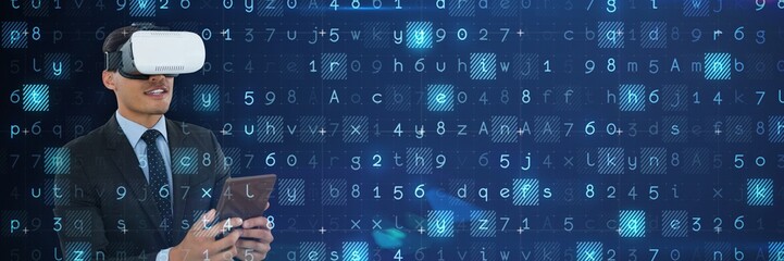 Poster - Composite image of businessman wearing vr glasses while using
