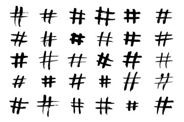 Poster - hashtag vector hand drawn icons set for social network or internet application. hashtag ink paint br