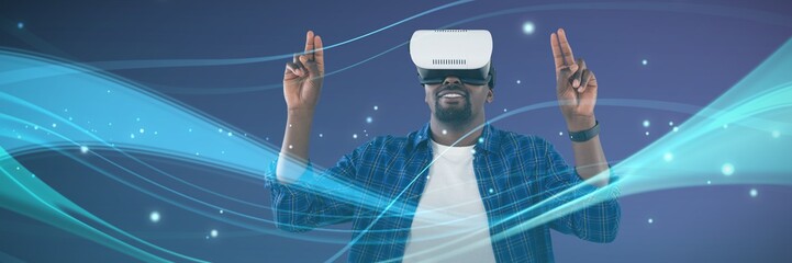 Poster - Composite image of man gesturing while using virtual reality