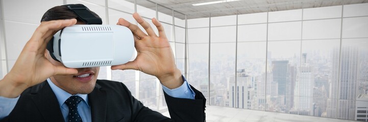 Poster - Composite image of close up of businessman wearing vr glasses