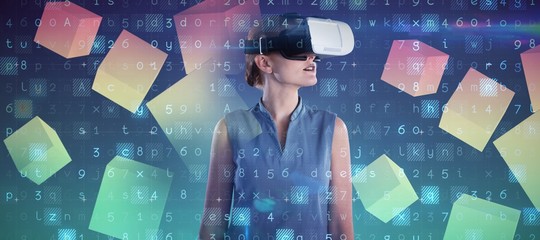 Poster - Composite image of young businesswoman wearing virtual reality