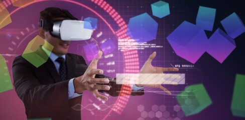 Poster - Composite image of smiling businessman gesturing while using vr