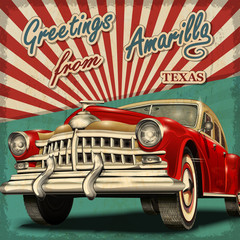 Vintage touristic greeting card with retro car.Amarillo.Texas.