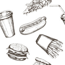 Vector Vintage Hand Drawn Fast Food Seamless Pattern. Background With Burger, Soda, French Fries, Hot Dog And Pizza. Pattern Can Be Used For Wallpaper, Web Page Background, Surface Textures.