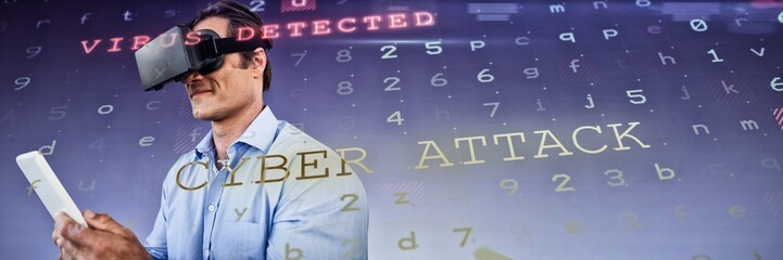 Poster - Composite image of businessman using vr glasses while holding