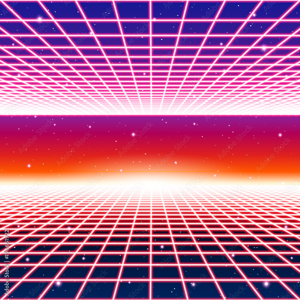 Retro neon background with 80s styled laser grid and stars Stock Vector ...