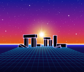 Poster - Neon landscape with 80s retro wave game style