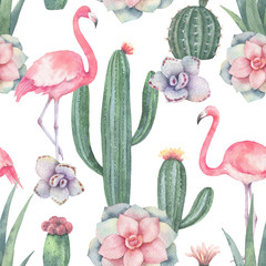 Wall Mural - Watercolor seamless pattern of pink flamingo, cacti and succulent plants isolated on white background.